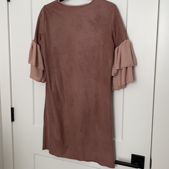 Luisa Perla Rose Ruffle Sleeve Suede Dress - Picture 12 of 14
